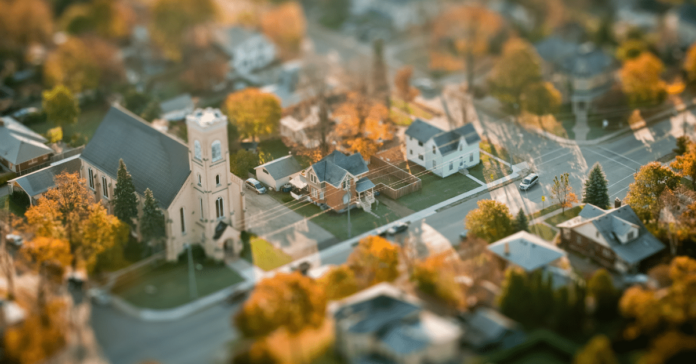 Church-In-Small-Town-Aerial-View